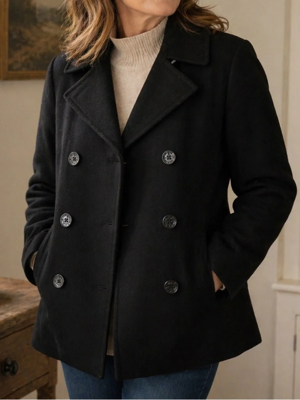 Talbots Black Wool Peacoat Womens Size 8 Made in USA Classic Coat - Picture 1 of 5